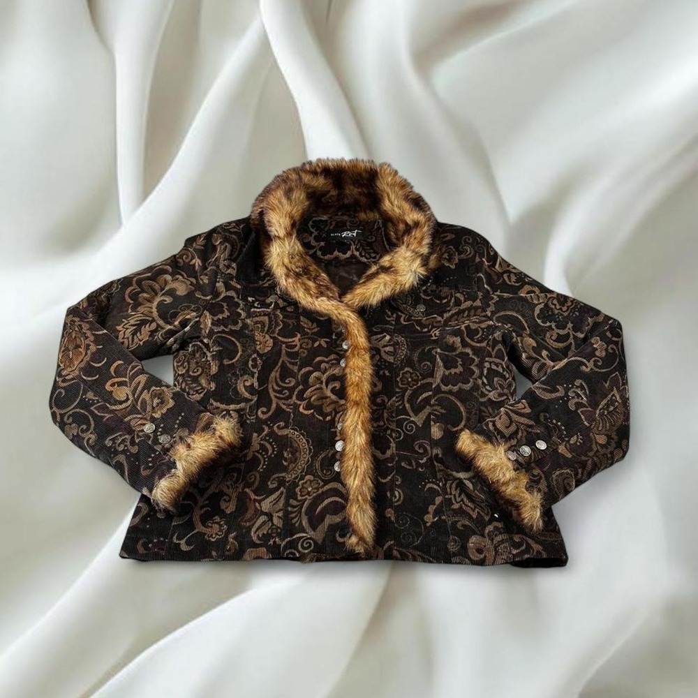 Black Rivet brown paisley corduroy fur trim jacket y2k fairy boho grunge western